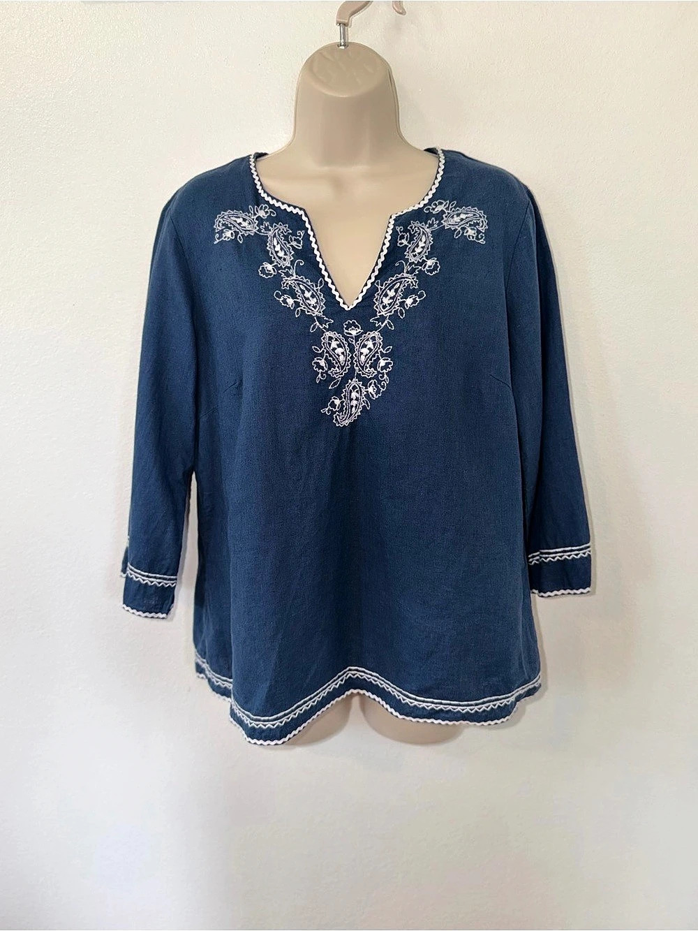 Talbots Petites Embroidered Linen Cotton Tunic in Blue Large Like New
